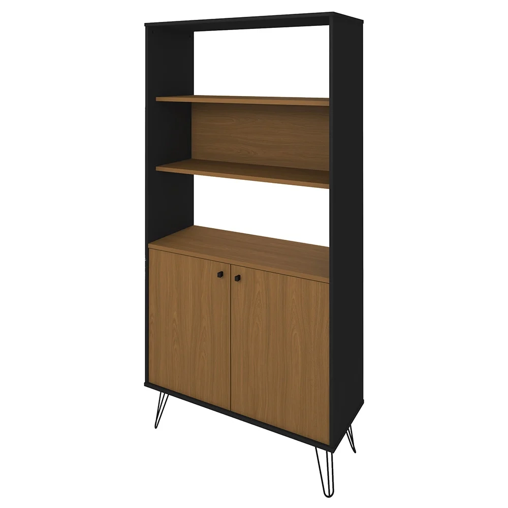 Mesa Escrivaninha em L Golden e Estante Livreiro 2 Portas Lit A06 Freijó/Preto - Mpozenato