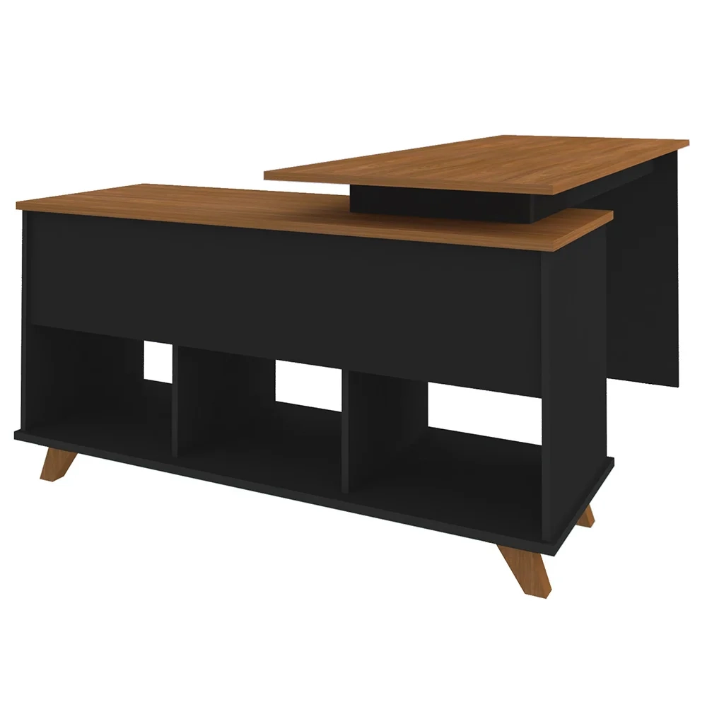 Mesa Escrivaninha em L Golden e Estante Livreiro 2 Portas Lit A06 Freijó/Preto - Mpozenato