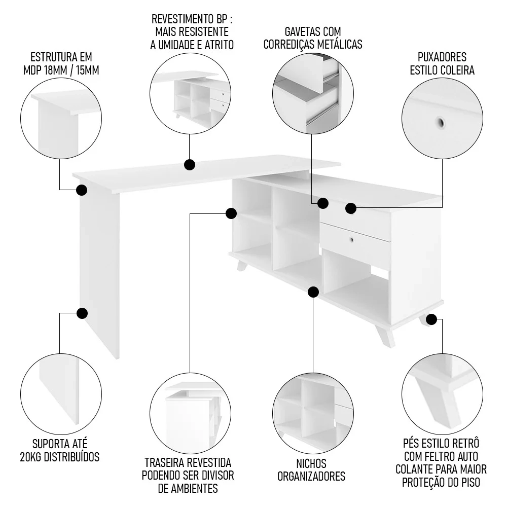 Conjunto Escritório Home Office 4 Peças Golden A06 Branco - Mpozenato