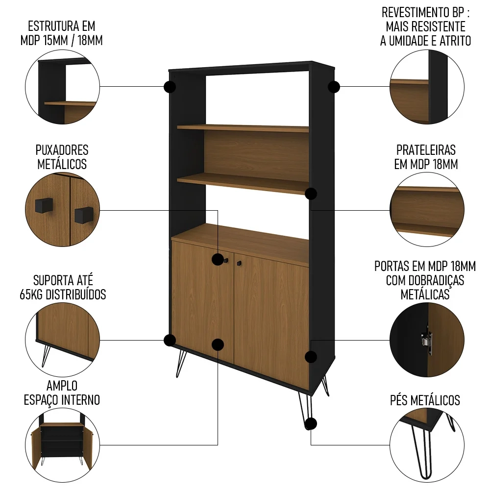 Conjunto Escritório Home Office 4 Peças Lux Industrial A06 Freijó/Preto - Mpozenato