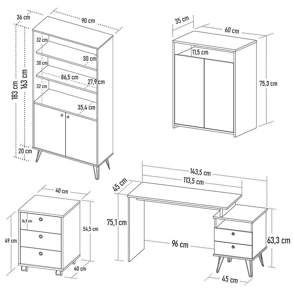 Conjunto Escritório Home Office 4 Peças Lux Industrial A06 Freijó/Preto - Mpozenato