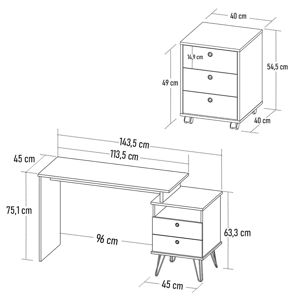 Mesa Escrivaninha Lux Industrial e Gaveteiro com Rodízios Nil A06 Freijó/Preto - Mpozenato