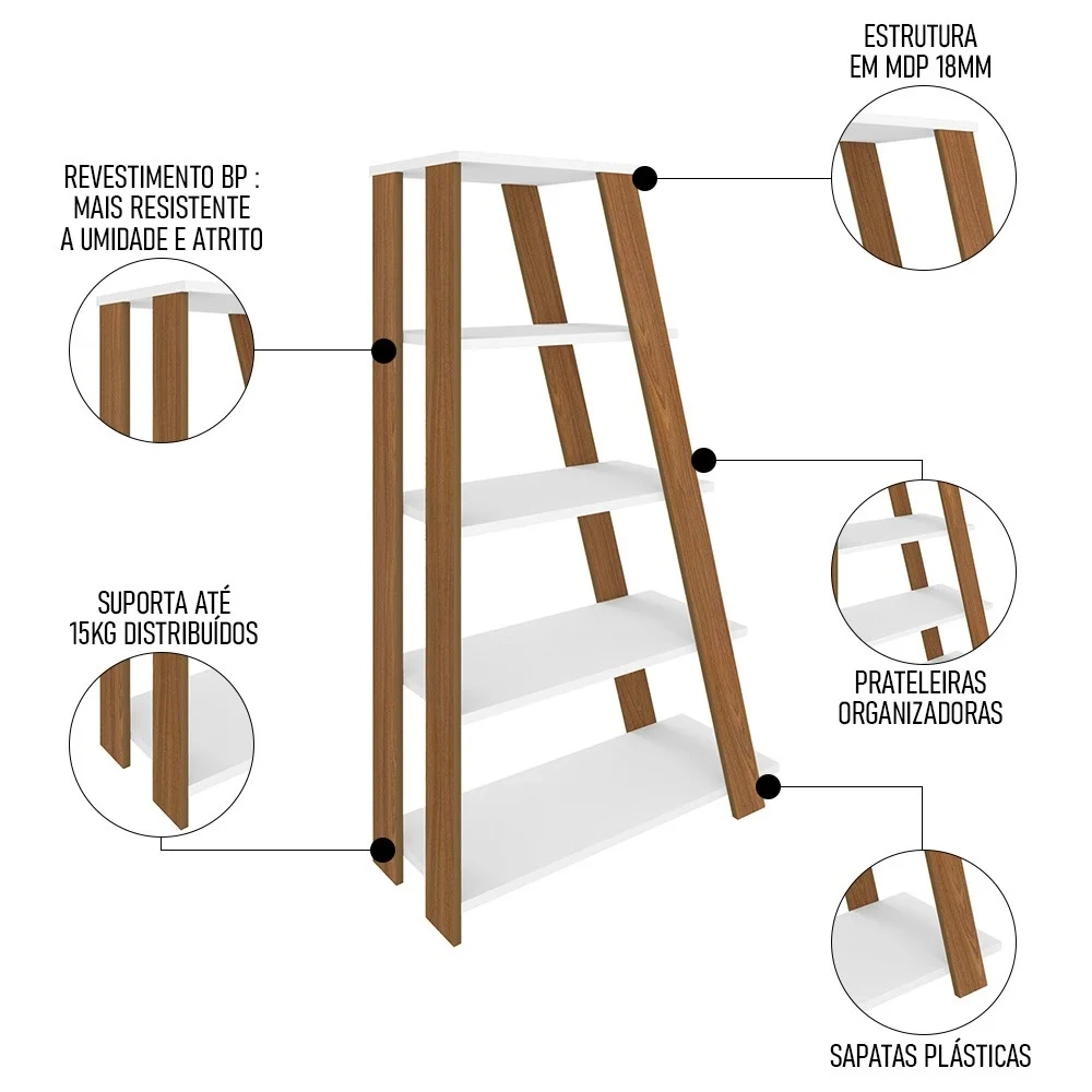 Kit 2 Estante Multiuso Decorativa 5 Prateleiras Stela A06 Freijó/Branco - Mpozenato 