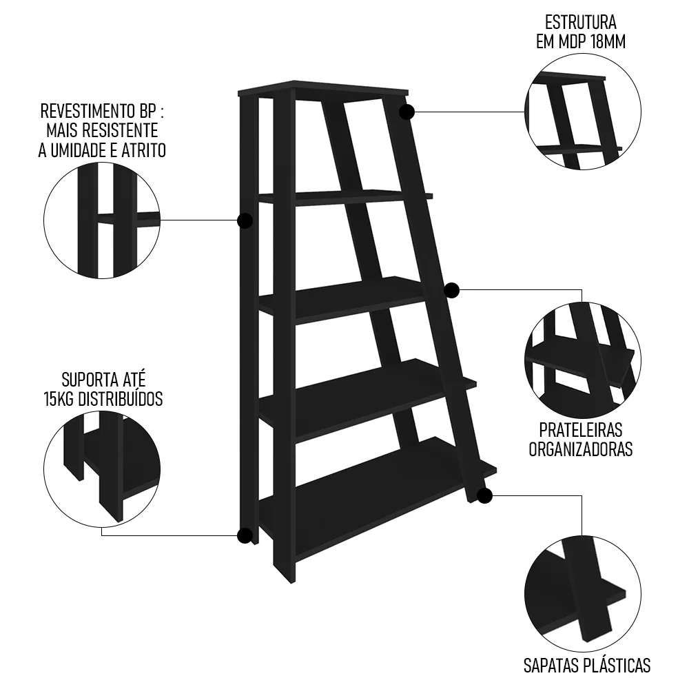 Kit 2 Estante Multiuso Decorativa 5 Prateleiras Stela A06 Preto - Mpozenato 