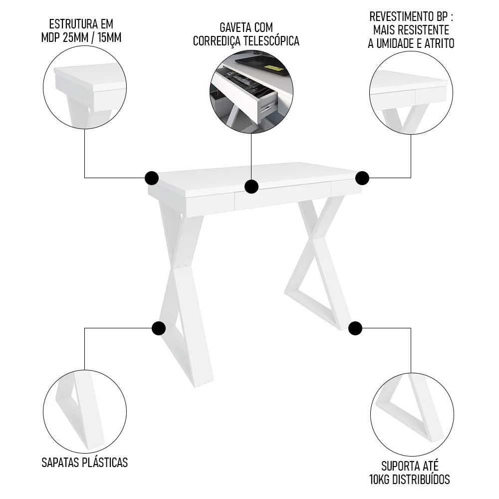 Mesa Escrivaninha 90cm Veneti e Estante Livreiro 90x187cm Lean A06 Branco - Mpozenato