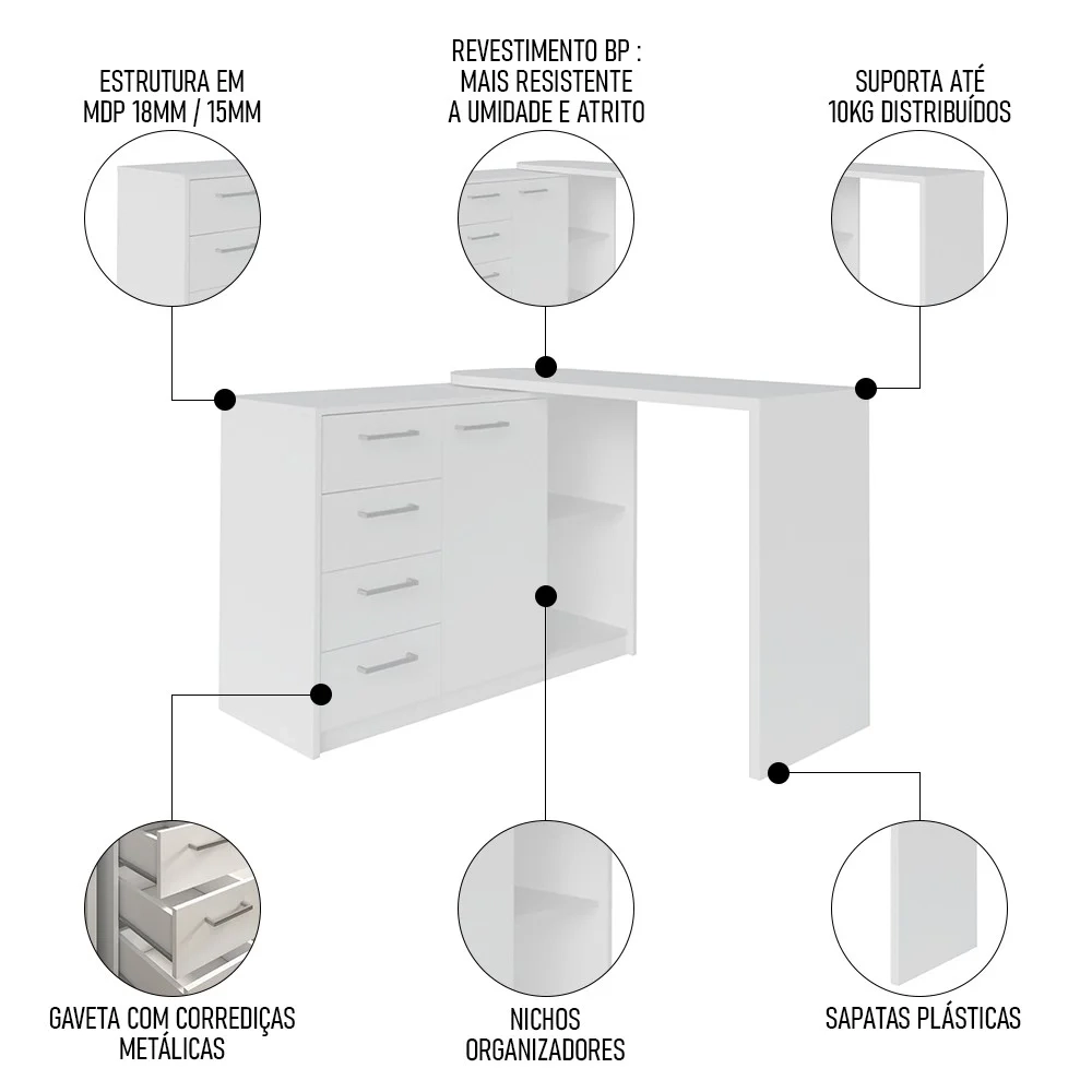 Mesa Escrivaninha Lagan e Estante Livreiro 90x187cm Lean A06 Branco - Mpozenato