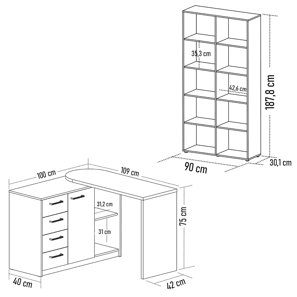 Mesa Escrivaninha Lagan e Estante Livreiro 90x187cm Lean A06 Branco - Mpozenato