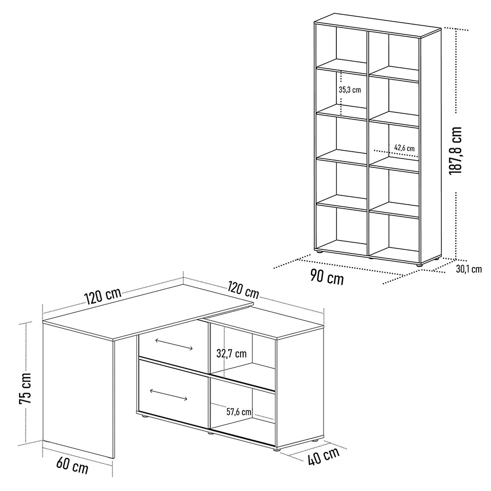 Mesa Escrivaninha em L Link e Estante Livreiro 90x187cm Lean A06 Branco - Mpozenato