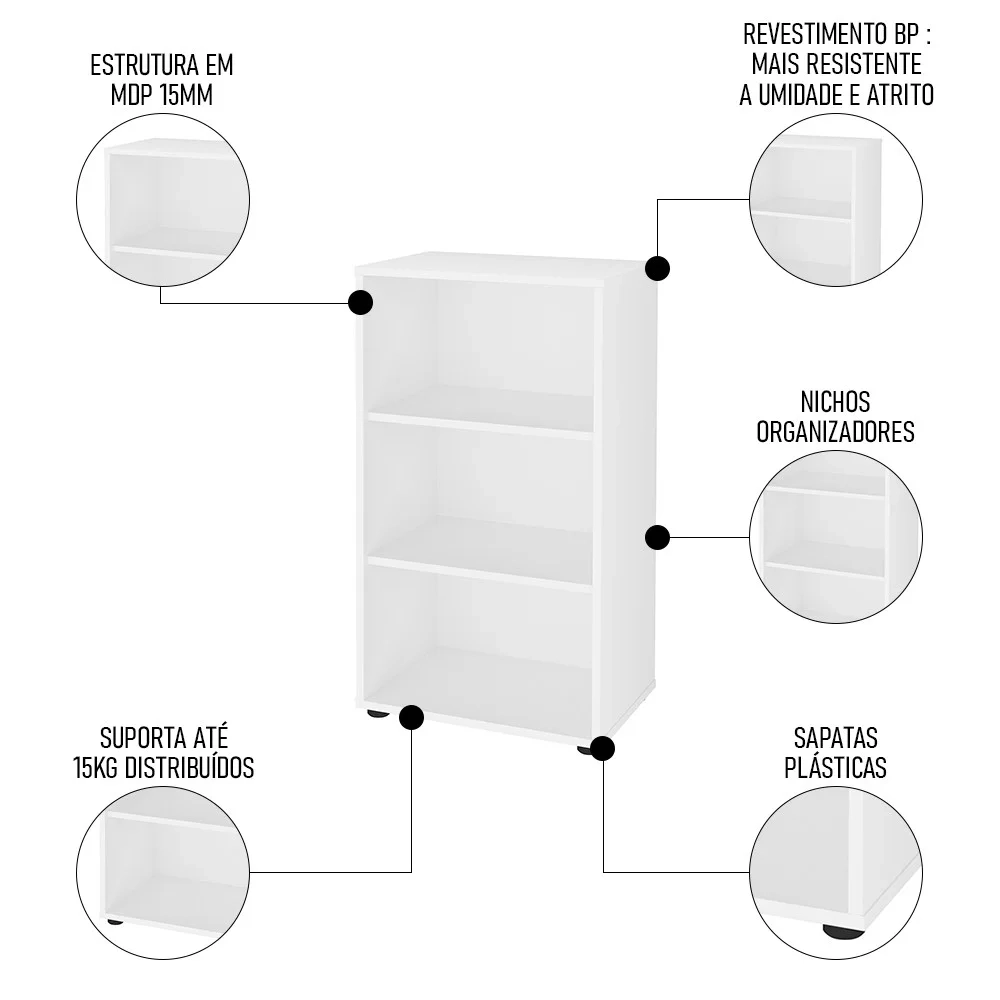 Mesa Escrivaninha 90cm Veneti e Estante Livreiro 45x81cm Lean A06 Branco - Mpozenato