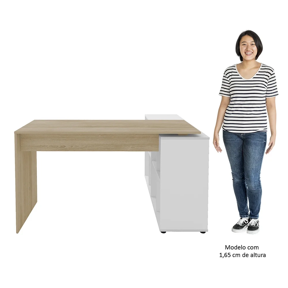 Mesa Escrivaninha em L Eron e Gaveteiro com Rodízios Mity A06 Carvalho/Branco - Mpozenato