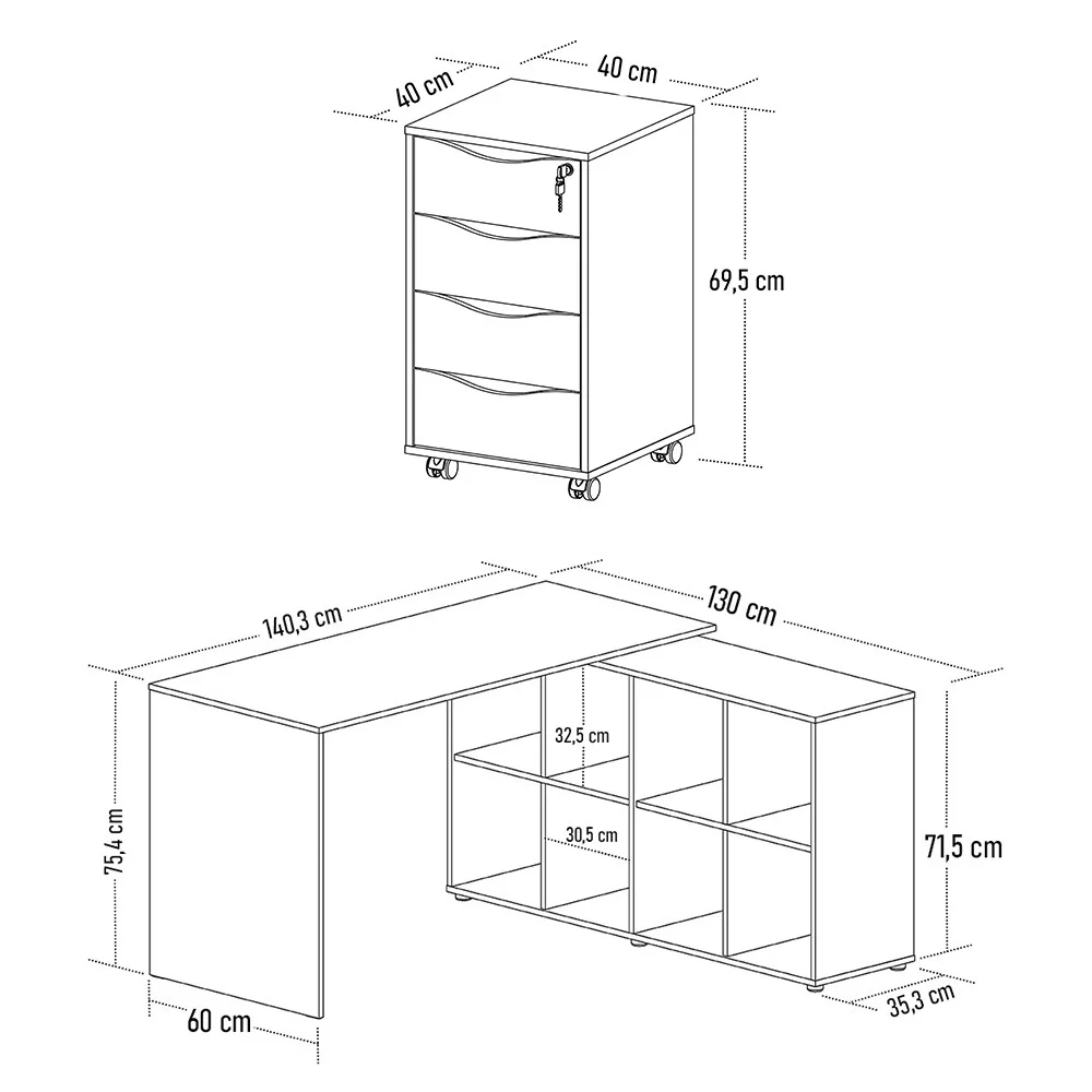 Mesa Escrivaninha em L Eron e Gaveteiro com Rodízios Mity A06 Carvalho/Branco - Mpozenato