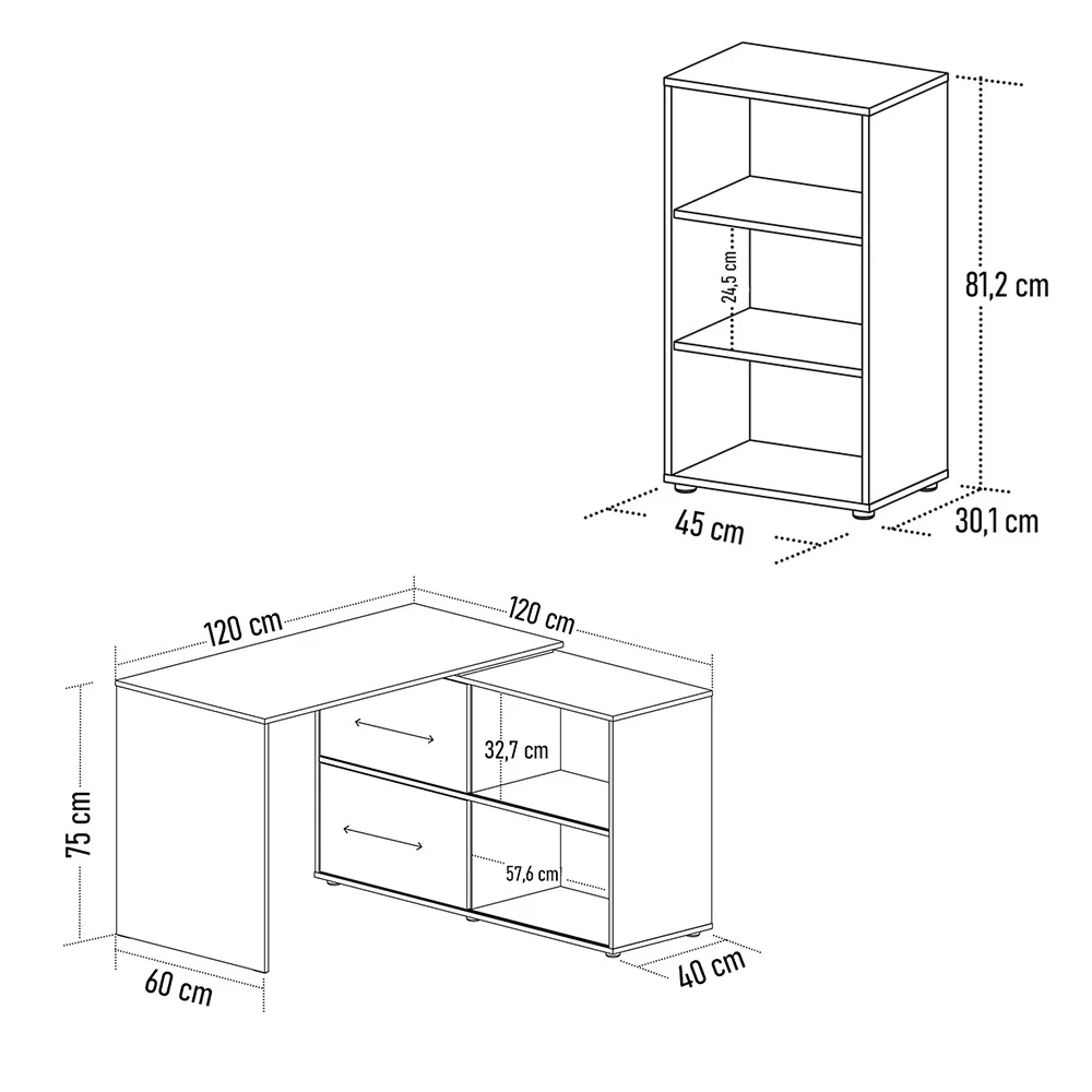 Mesa Escrivaninha em L Link e Estante Livreiro 45x81cm Lean A06 Branco - Mpozenato