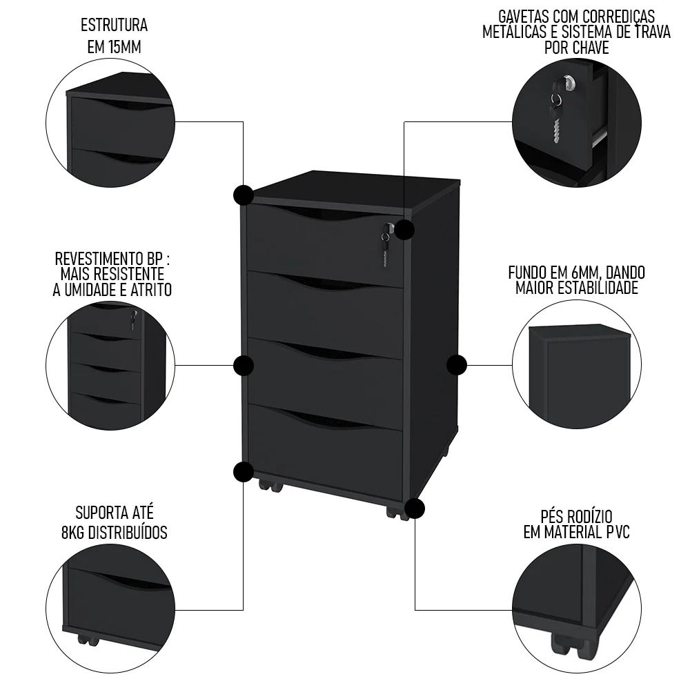 Mesa Escrivaninha em L Eron e Gaveteiro com Rodízios Mity A06 Ipê/Preto - Mpozenato