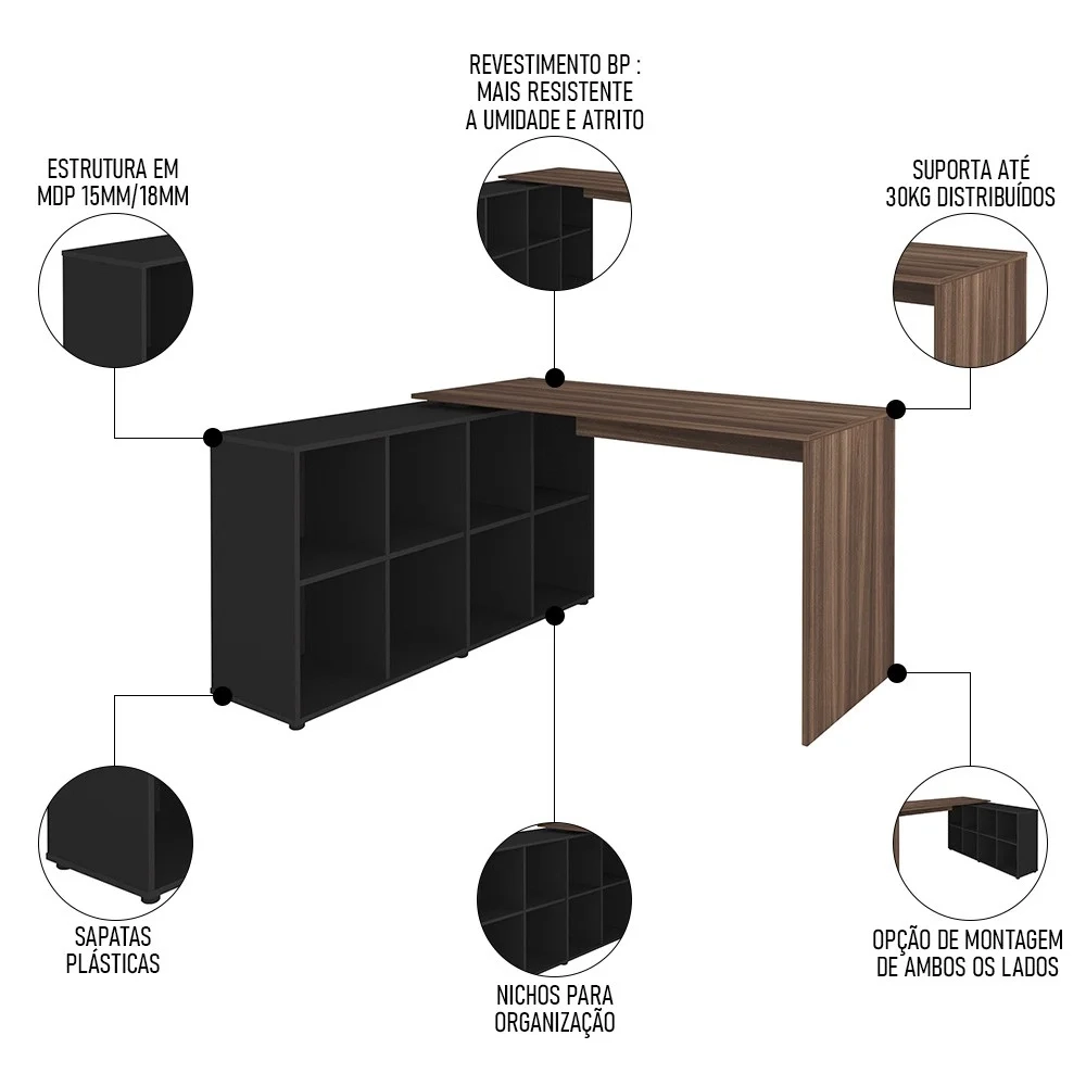 Mesa Escrivaninha em L Eron e Gaveteiro com Rodízios Mity A06 Ipê/Preto - Mpozenato