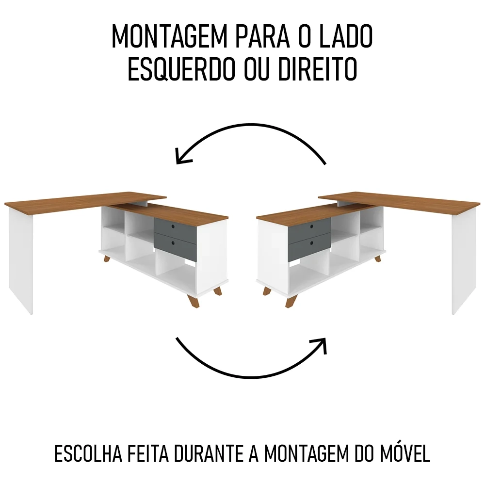 Mesa Escrivaninha em L Golden e Estante Livreiro Stela A06 Branco/Freijó/Grafito - Mpozenato