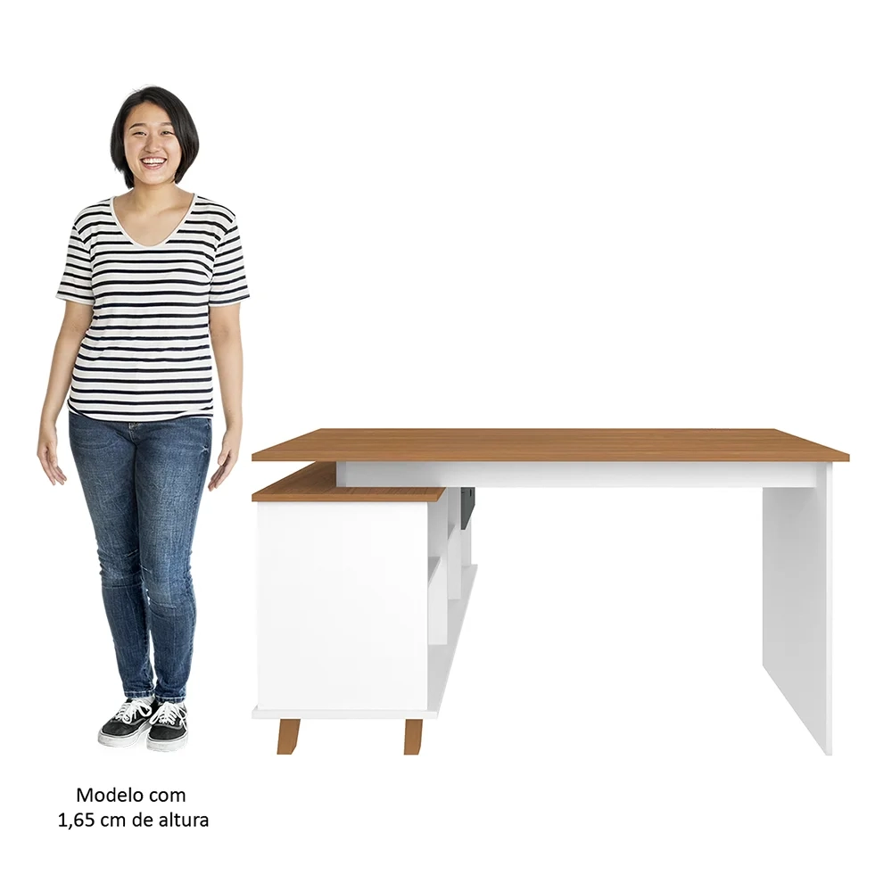 Mesa Escrivaninha em L Golden e Estante Livreiro Stela A06 Branco/Freijó/Grafito - Mpozenato