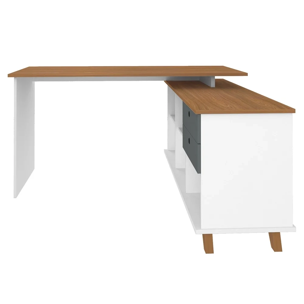 Mesa Escrivaninha em L Golden e Estante Livreiro Stela A06 Branco/Freijó/Grafito - Mpozenato