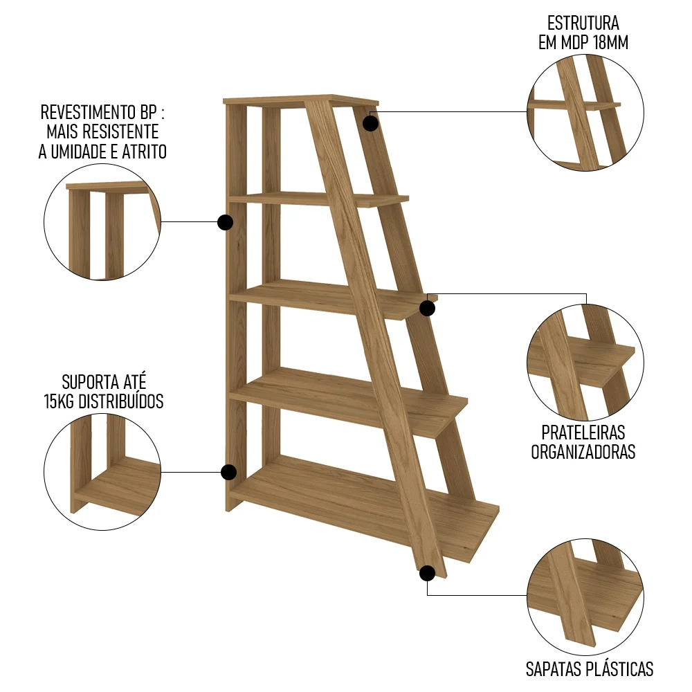 Mesa Escrivaninha em L Golden e Estante Livreiro Stela A06 Olmo/Branco - Mpozenato
