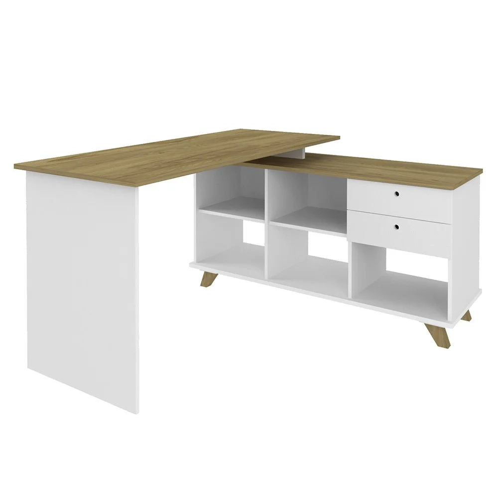 Mesa Escrivaninha em L Golden e Estante Livreiro Stela A06 Olmo/Branco - Mpozenato