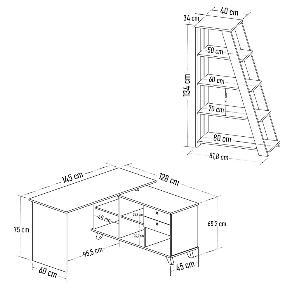 Mesa Escrivaninha em L Golden e Estante Livreiro Stela A06 Olmo/Branco - Mpozenato