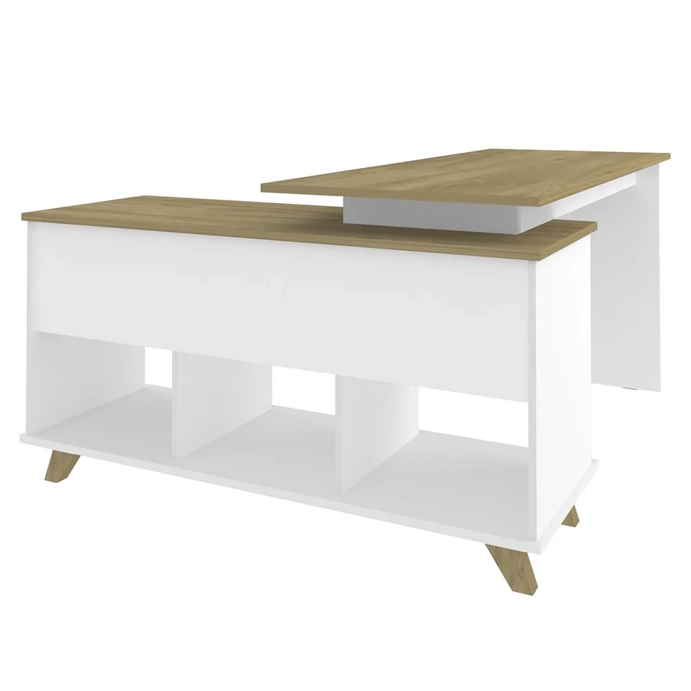 Mesa Escrivaninha em L Golden e Estante Livreiro Stela A06 Olmo/Branco - Mpozenato