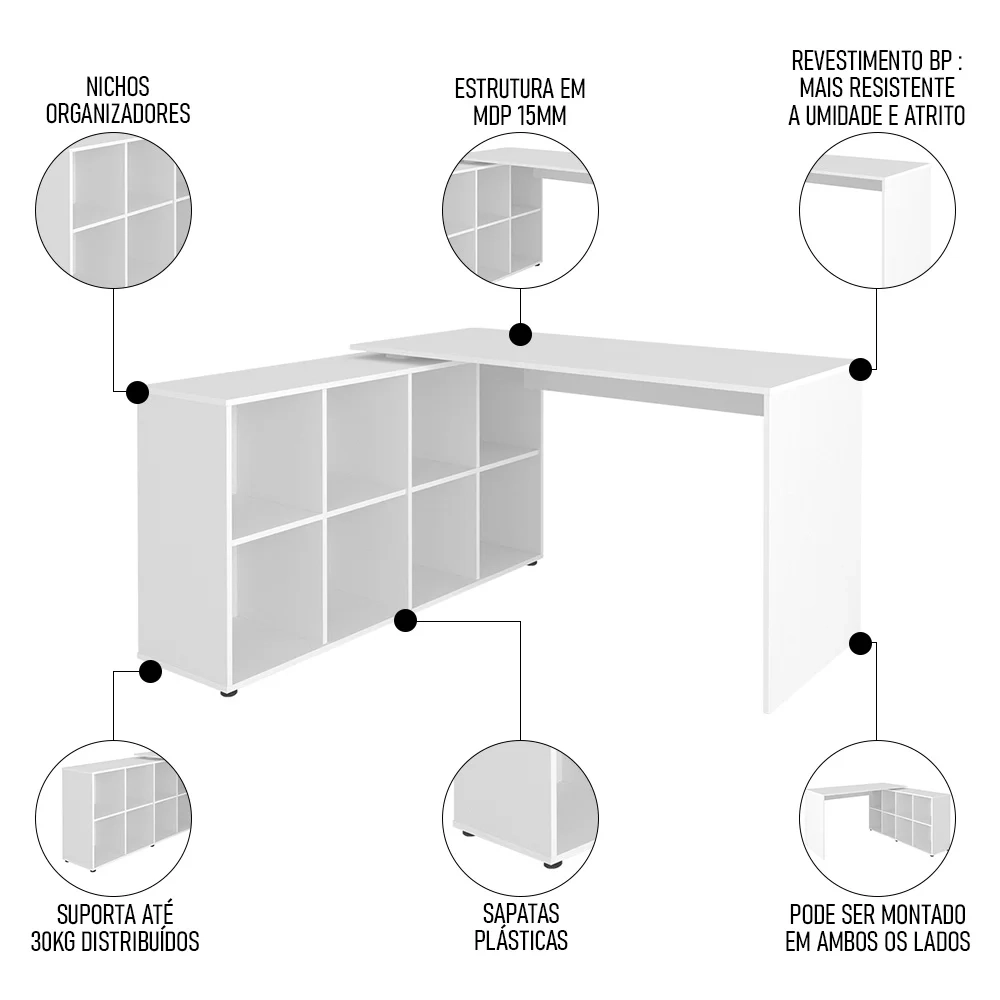 Mesa Escrivaninha em L Eron e Balcão 60cm 2 Portas Look A06 Branco - Mpozenato