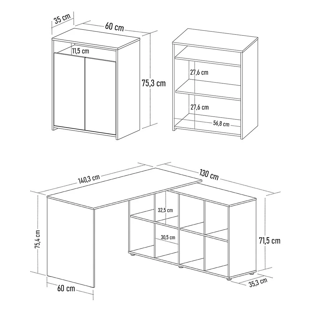 Mesa Escrivaninha em L Eron e Balcão 60cm 2 Portas Look A06 Carvalho/Branco - Mpozenato