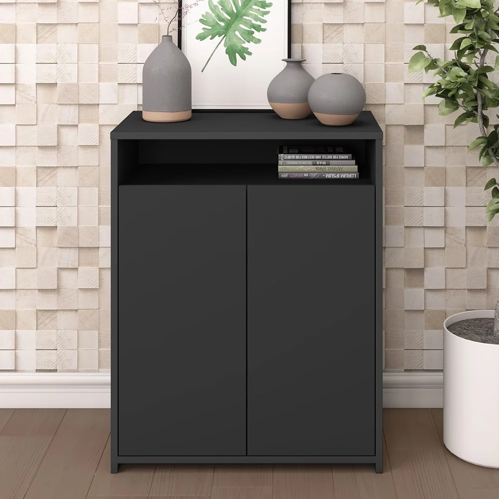 Mesa Escrivaninha em L Eron e Balcão 60cm 2 Portas Look A06 Preto - Mpozenato