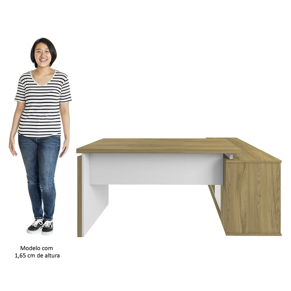 Mesa Escrivaninha em L Sharp e Balcão 70cm 2 Portas Tok A06 Olmo/Branco - Mpozenato