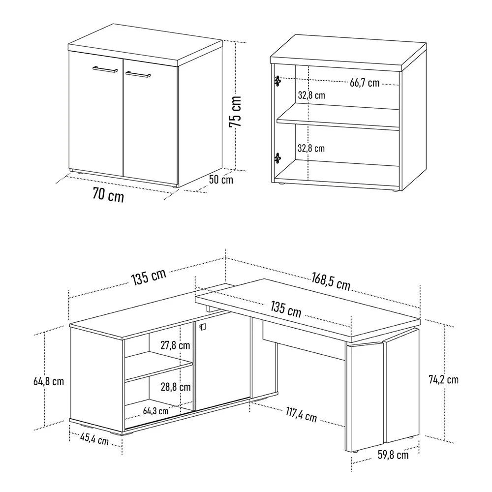 Mesa Escrivaninha em L Sharp e Balcão 70cm 2 Portas Tok A06 Olmo/Branco - Mpozenato