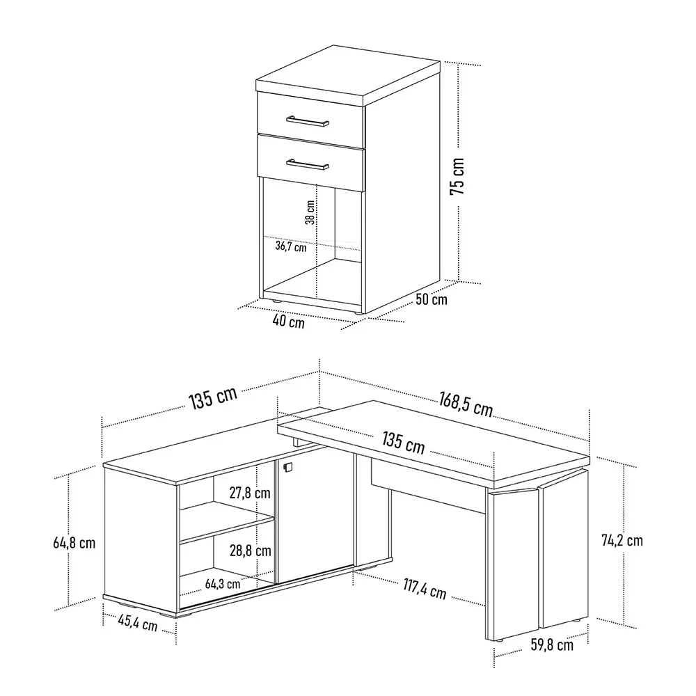 Mesa Escrivaninha em L Sharp e Gaveteiro 2 Gavetas Tok A06 Olmo/Branco - Mpozenato