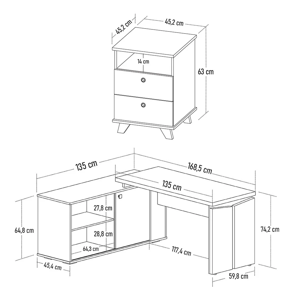 Mesa Escrivaninha em L Sharp e Gaveteiro 2 Gavetas May A06 Olmo/Branco - Mpozenato