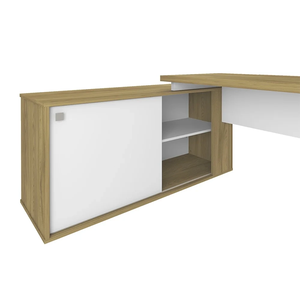 Mesa Escrivaninha em L Sharp e Gaveteiro 2 Gavetas May A06 Olmo/Branco - Mpozenato