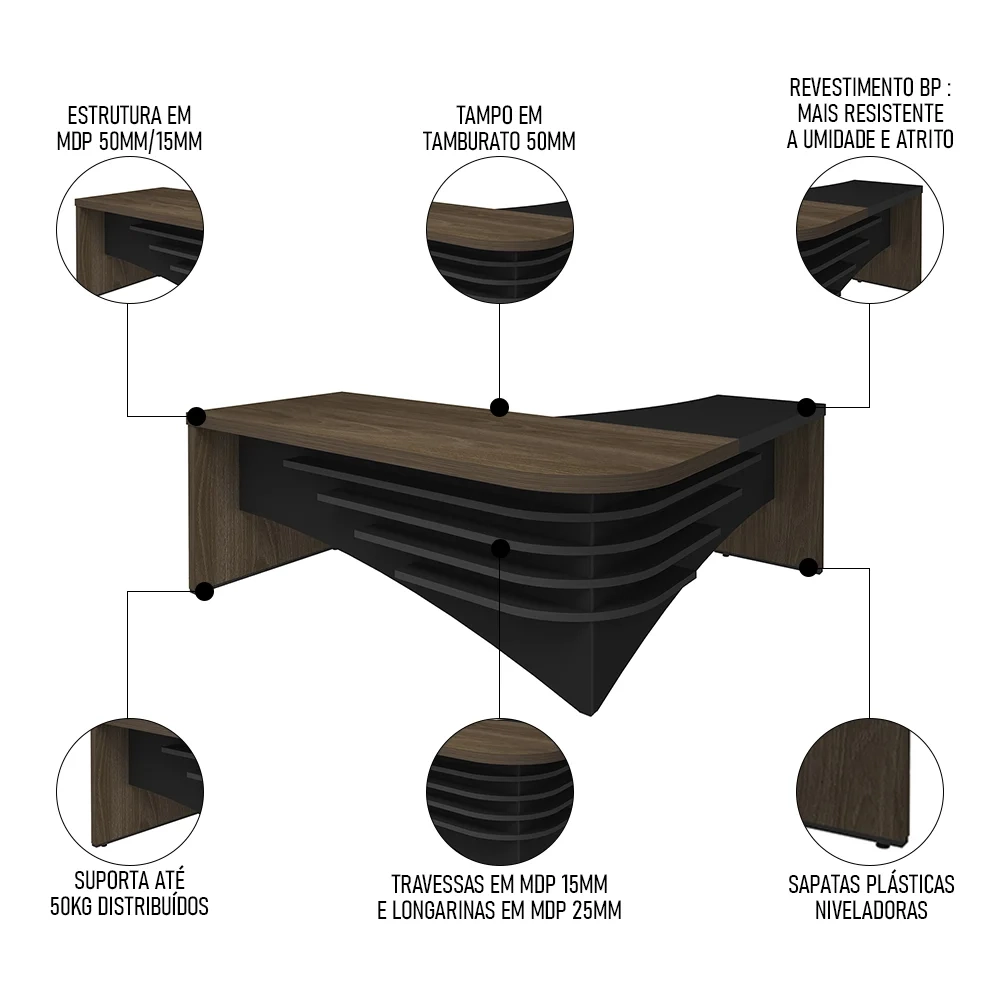 Conjunto Escritório Home Office 3 Peças Mesa em L Corp A06 Charuto/Preto - Mpozenato