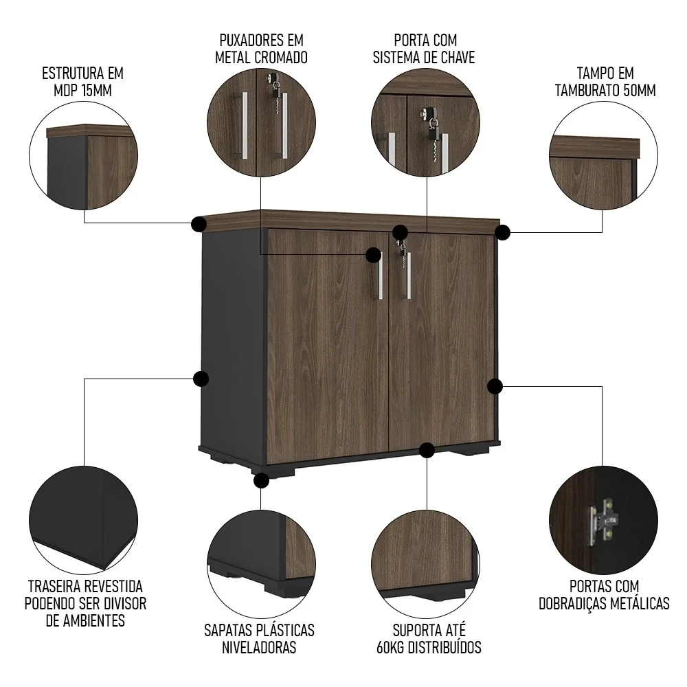 Conjunto Escritório Home Office 3 Peças Mesa em L Corp A06 Charuto/Preto - Mpozenato