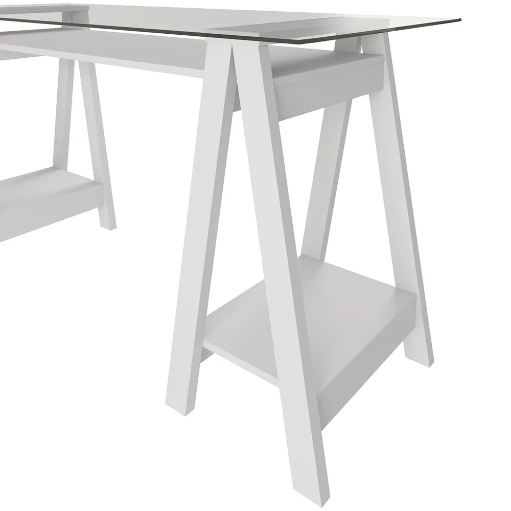 Mesa Escrivaninha 150cm Pés Cavalete Tampo de Vidro Cris A06 Branco - Mpozenato