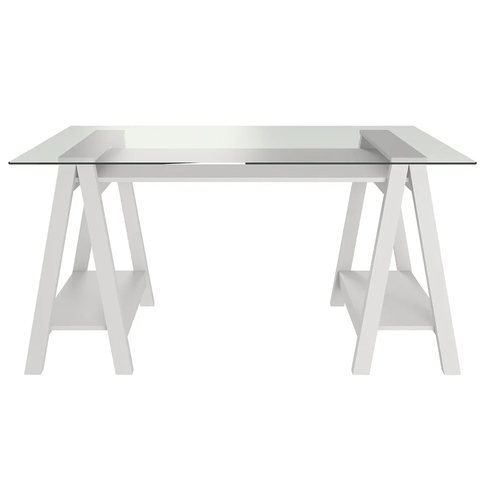 Mesa Escrivaninha 150cm Pés Cavalete Tampo de Vidro Cris A06 Branco - Mpozenato