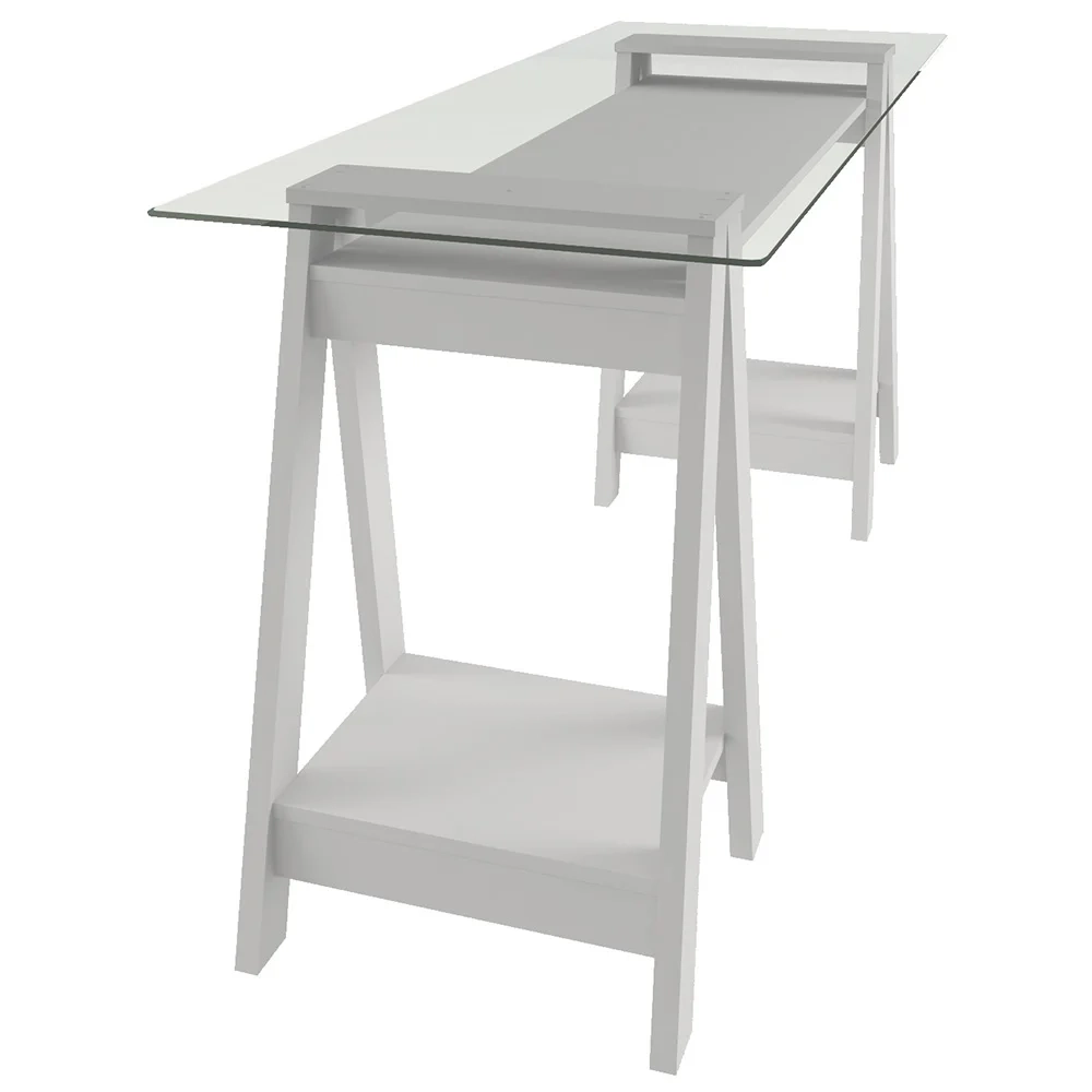 Mesa Escrivaninha 150cm Pés Cavalete Tampo de Vidro Cris A06 Branco - Mpozenato