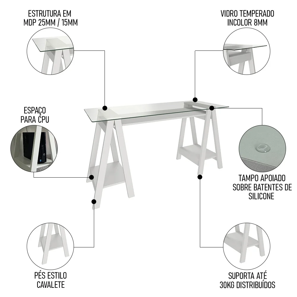 Mesa Escrivaninha 150cm Pés Cavalete Tampo de Vidro Cris A06 Branco - Mpozenato
