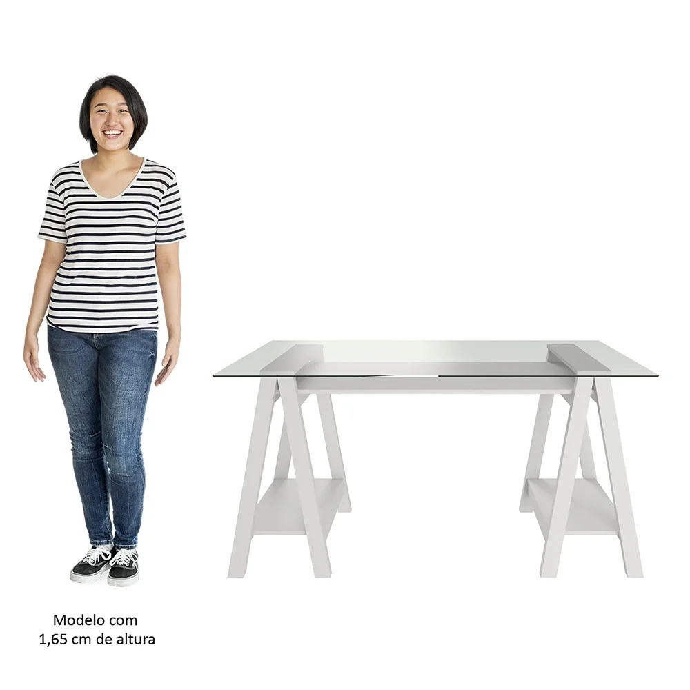 Mesa Escrivaninha 150cm Pés Cavalete Tampo de Vidro Cris A06 Branco - Mpozenato