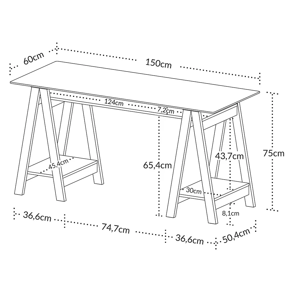 Mesa Escrivaninha 150cm Pés Cavalete Tampo de Vidro Cris A06 Branco - Mpozenato