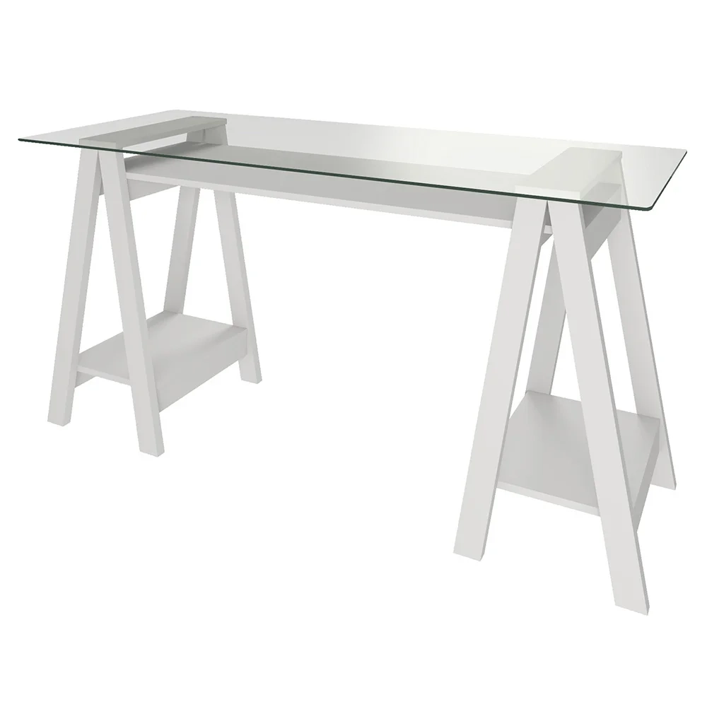 Mesa Escrivaninha 150cm Pés Cavalete Tampo de Vidro Cris A06 Branco - Mpozenato