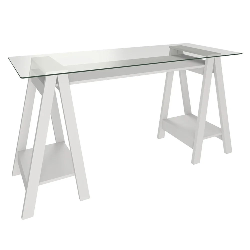 Mesa Escrivaninha 150cm Cris Tampo Vidro e Gaveteiro 3 Gavetas Nil A06 Branco - Mpozenato