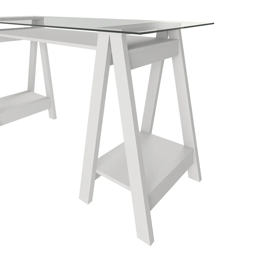 Mesa Escrivaninha 150cm Cris Tampo Vidro e Gaveteiro 3 Gavetas Nil A06 Branco - Mpozenato