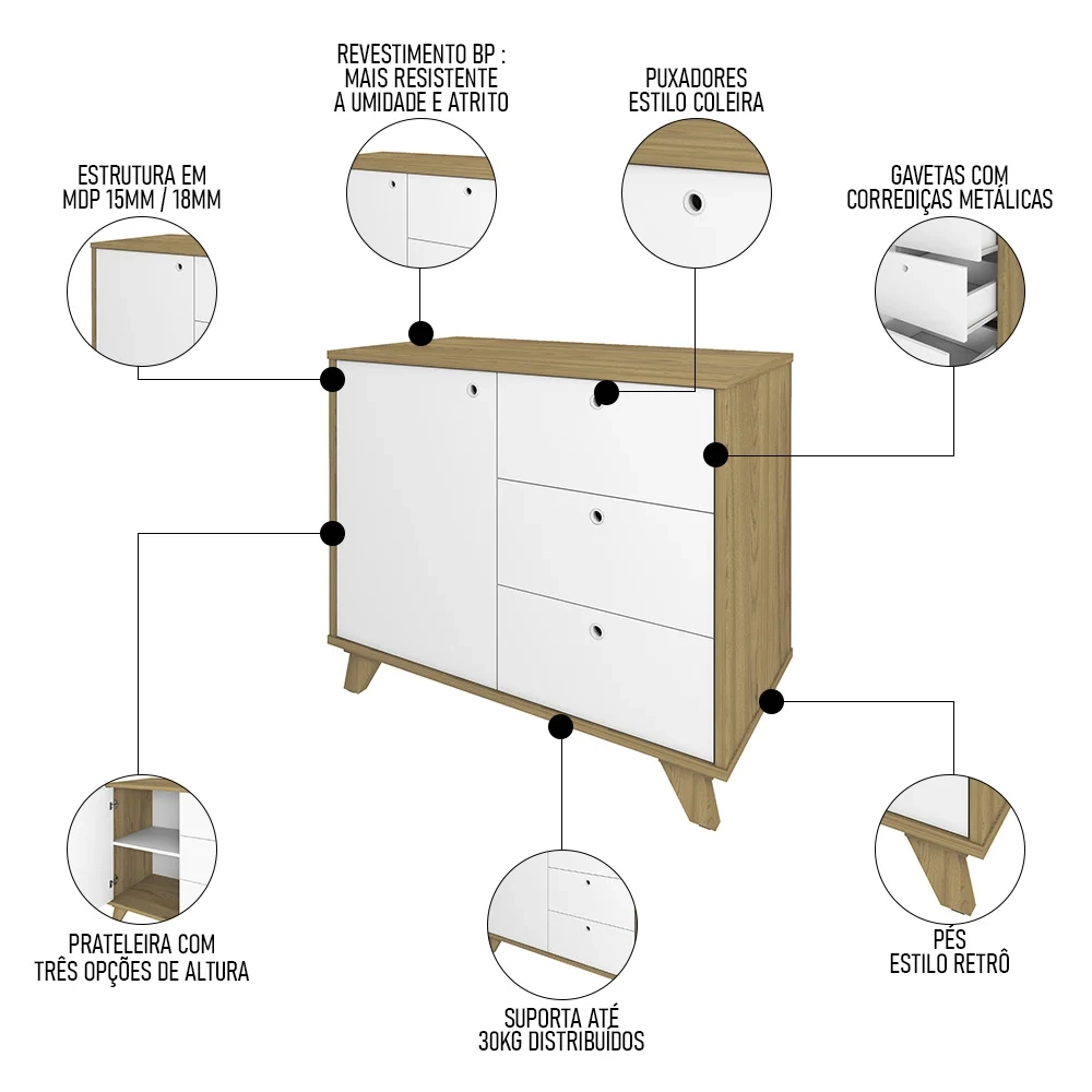 Balcão para Escritório 1 Porta 3 Gavetas 90cm Merano A06 Olmo/Branco - Mpozenato