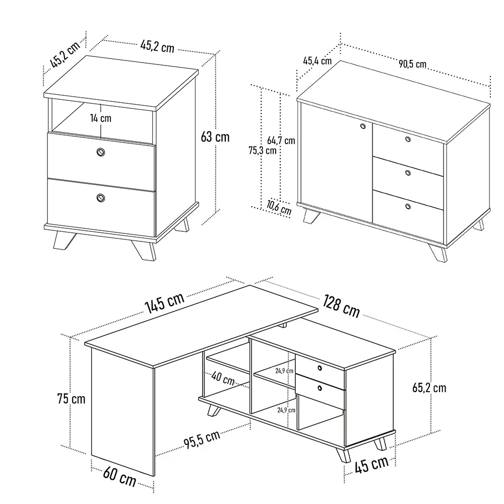 Conjunto Escritório Home Office 3 Peças Golden A06 Olmo/Branco - Mpozenato