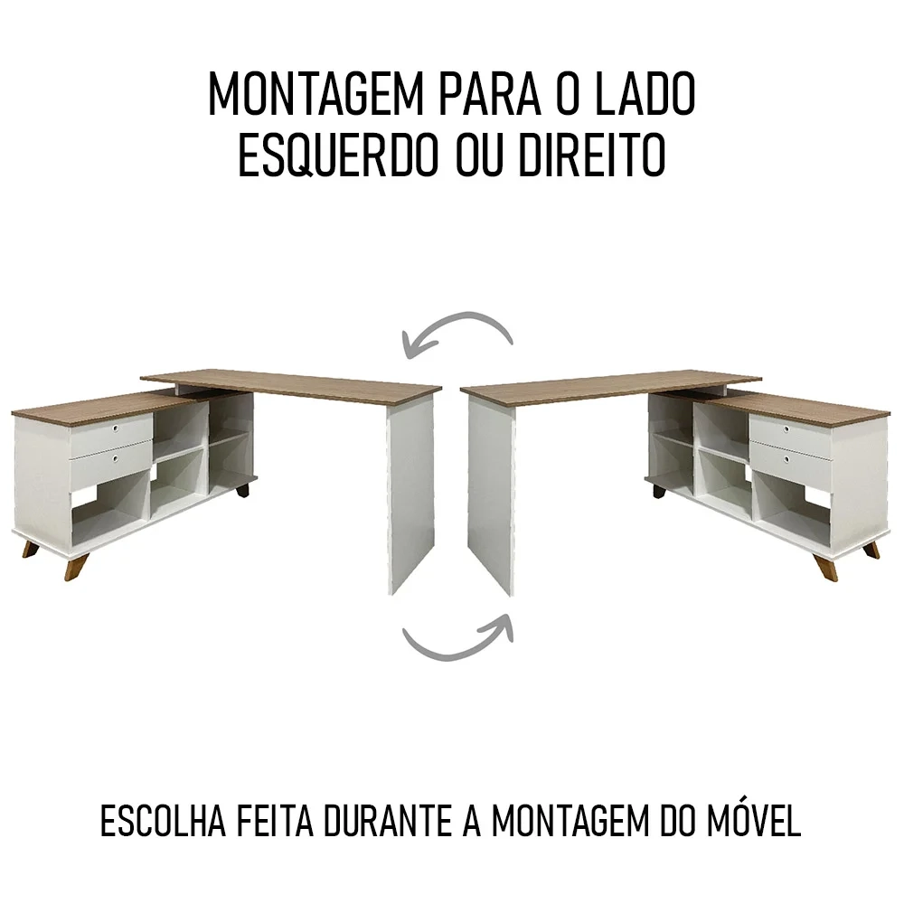 Mesa Escrivaninha em L Golden e Balcão 1 Porta 3 Gavetas Merano A06 Olmo/Branco - Mpozenato