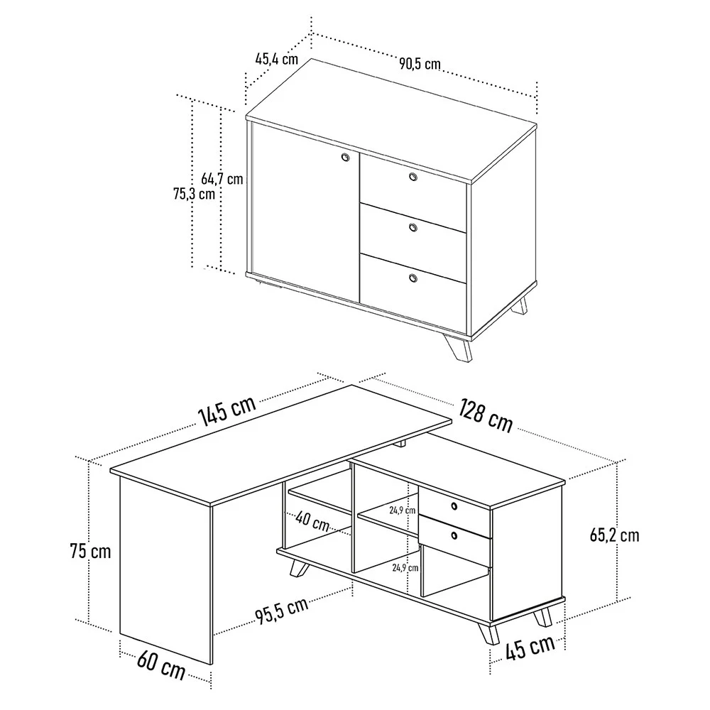 Mesa Escrivaninha em L Golden e Balcão 1 Porta 3 Gavetas Merano A06 Olmo/Branco - Mpozenato