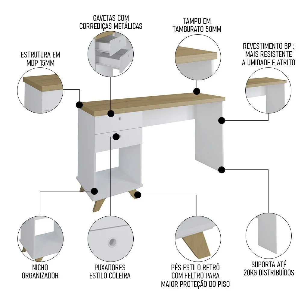 Mesa Escrivaninha 135cm Elai e Balcão 1 Porta 3 Gavetas Merano A06 Olmo/Branco - Mpozenato