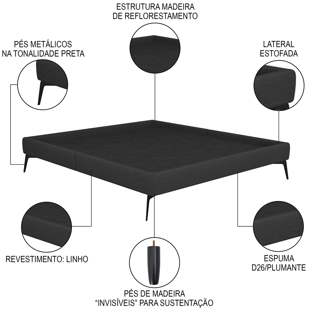 Cama Casal 145cm Pés Metálicos Elisa S05 Linho Preto - Mpozenato